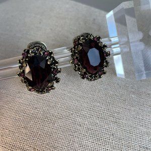 Vintage Faceted Ruby Crystal Filigree Clip On Earrings 1”